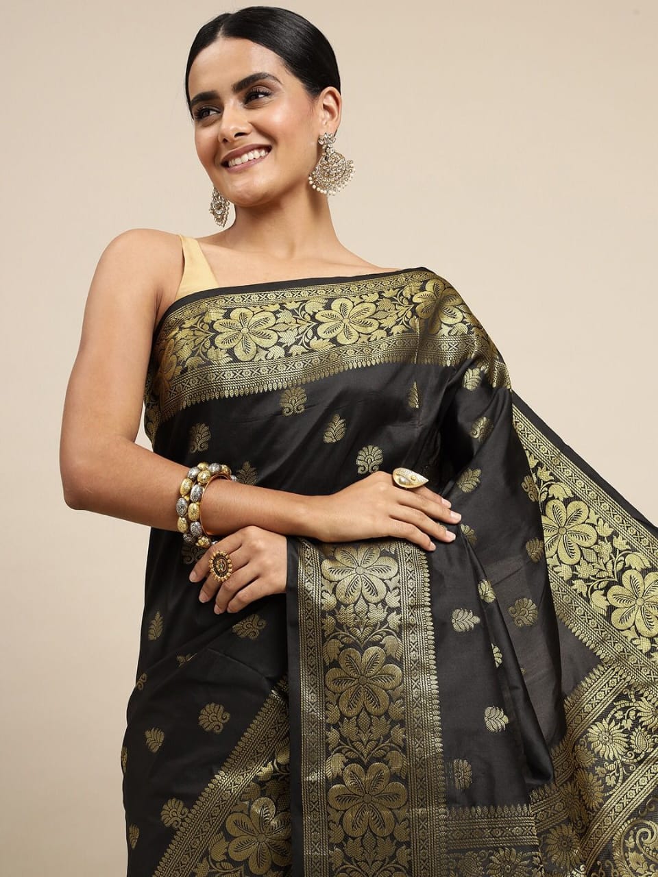 Black Silk Saree With Jacquard Work