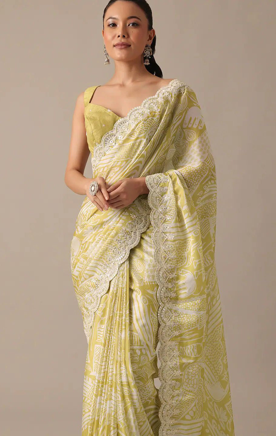 Pantone Saree With Digital Prints Embroidery Codding & Sequins Work