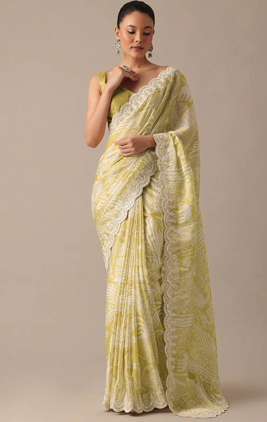 Pantone Saree With Digital Prints Embroidery Codding & Sequins Work