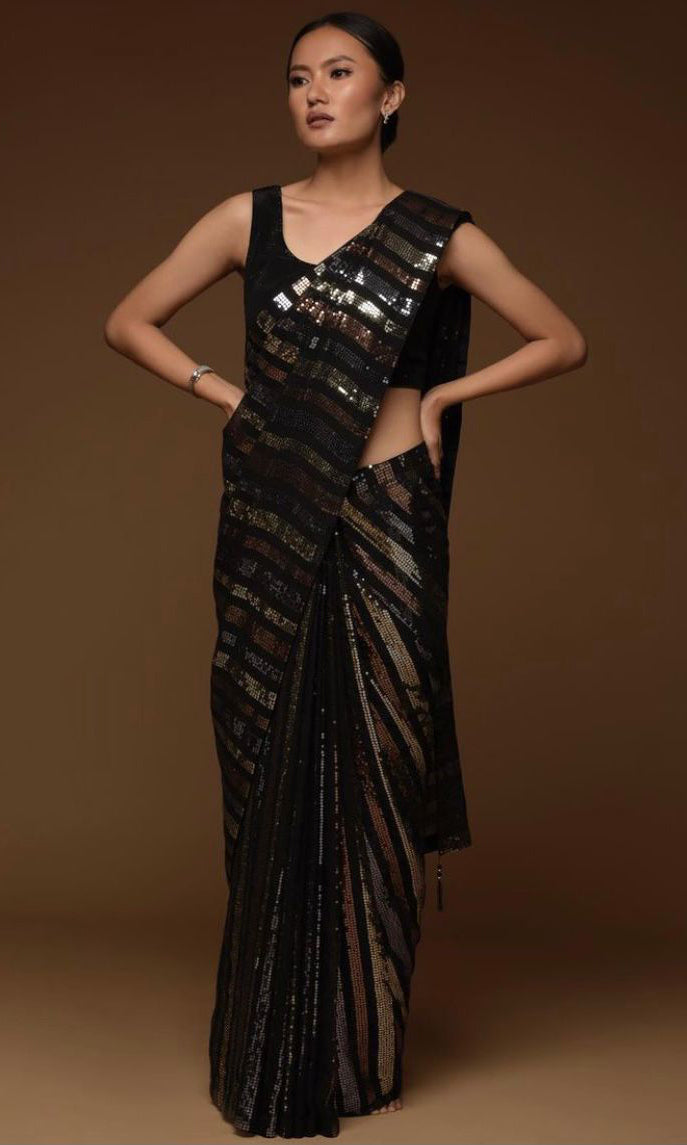 Black Saree With Embroidery Codding & Sequins Work