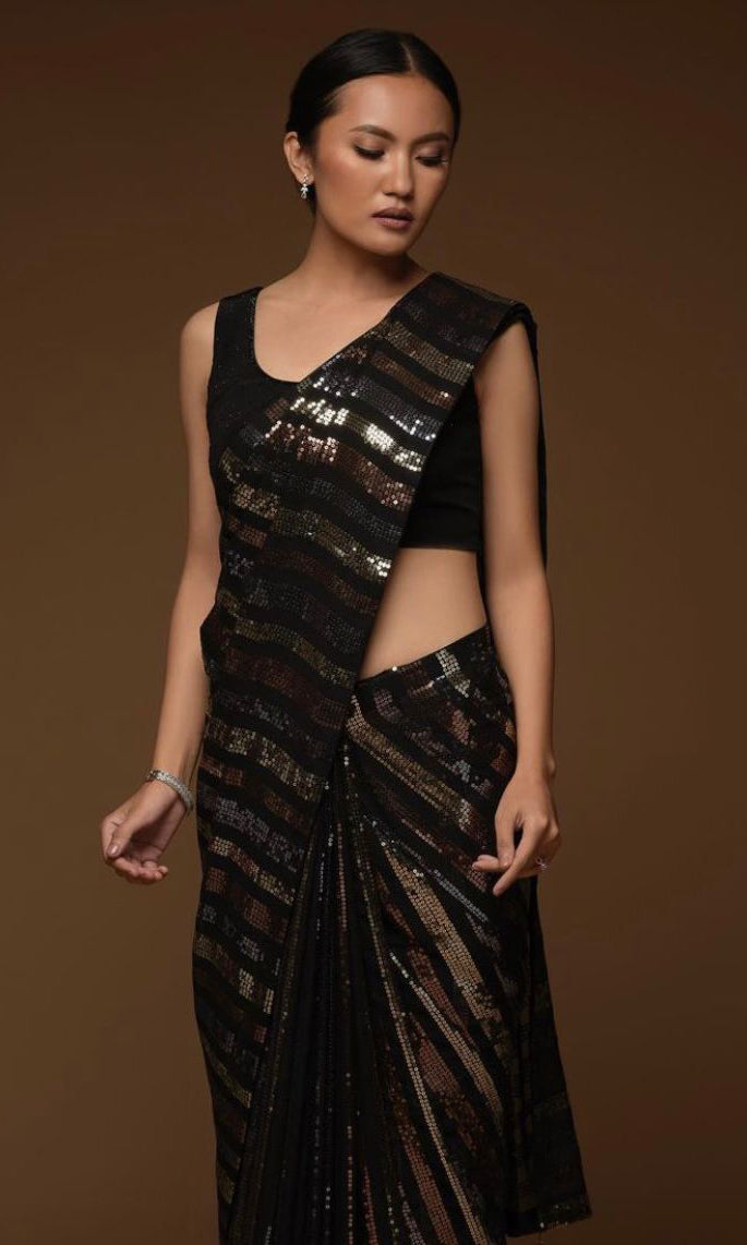 Black Saree With Embroidery Codding & Sequins Work