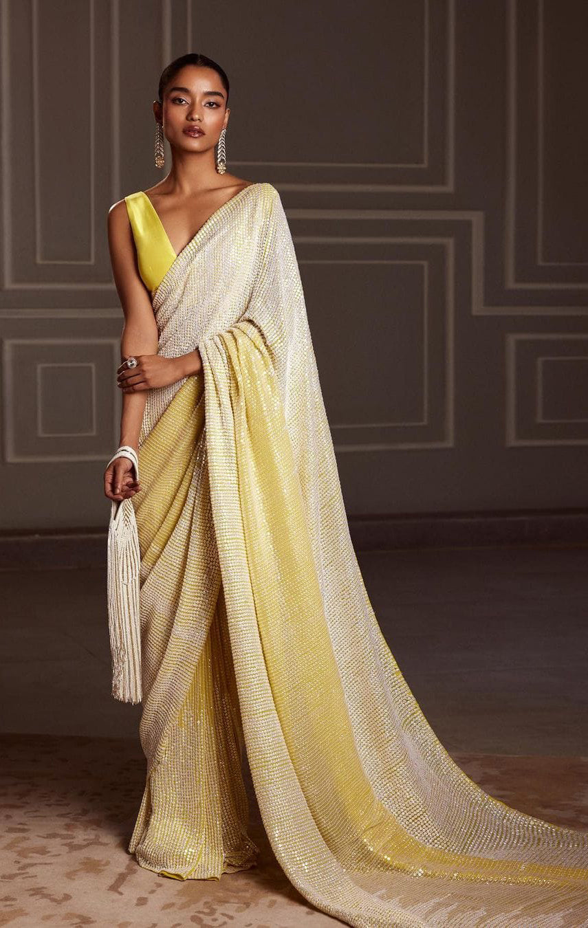 Yellow Saree With Fancy Embroidery Sequins Work