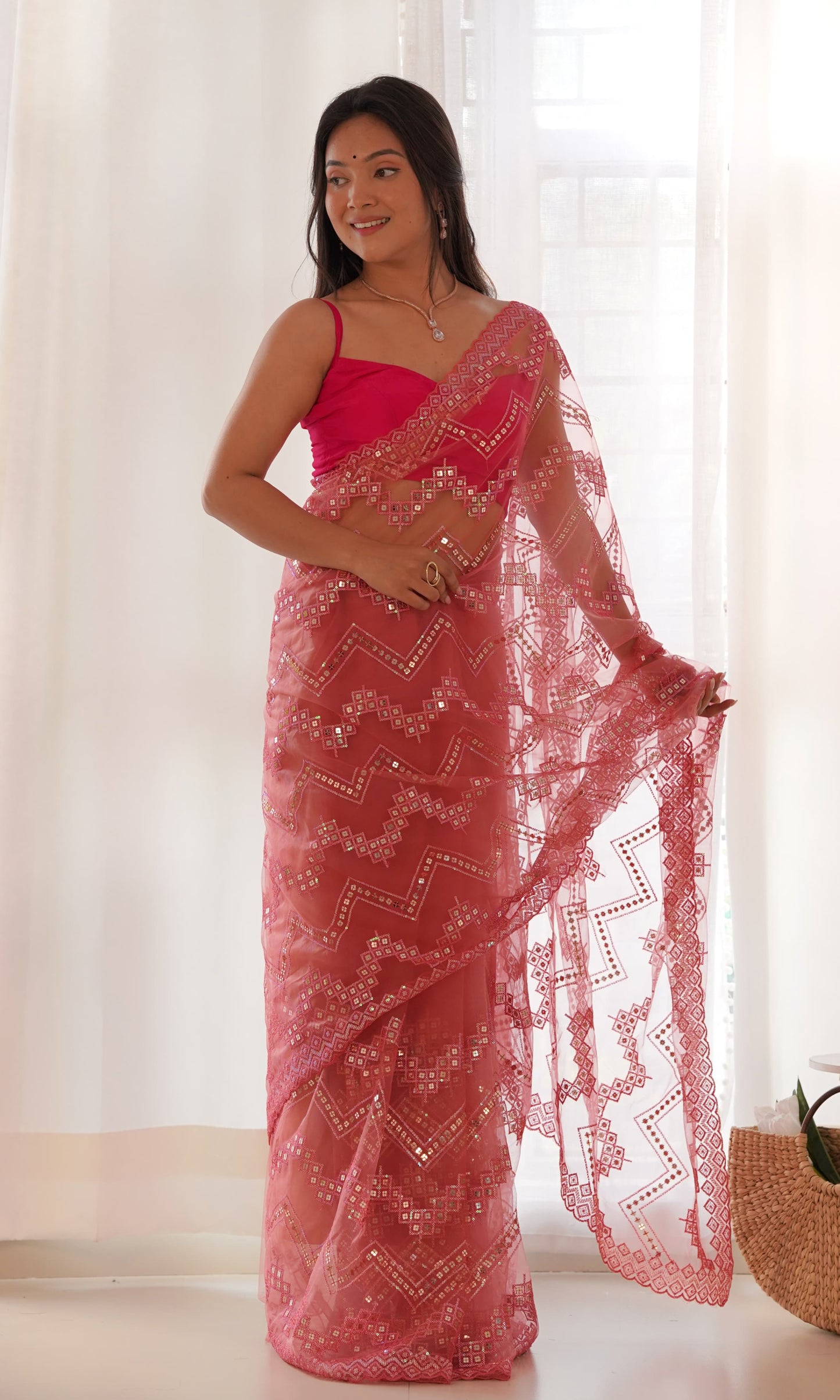 Red Saree With Sequence Embroidered Work On Body & Border With Cutwork