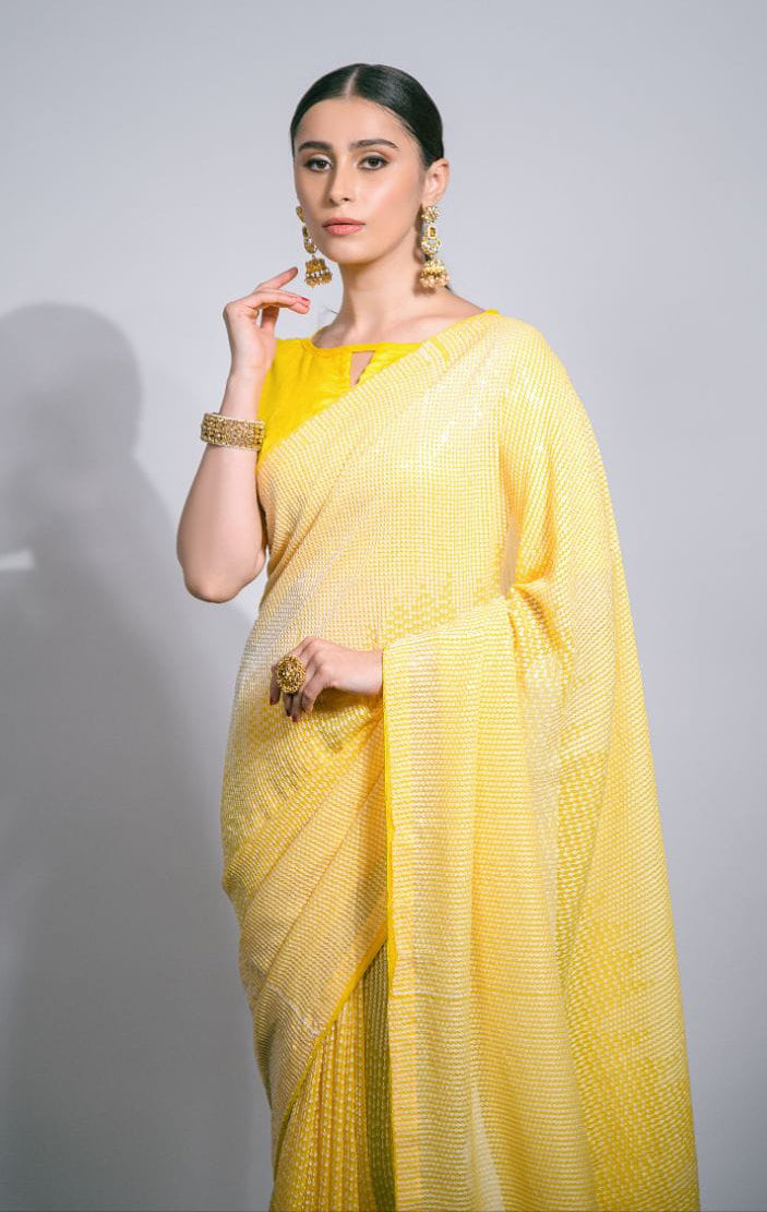 Yellow Saree With Fancy Embroidery Sequins Work