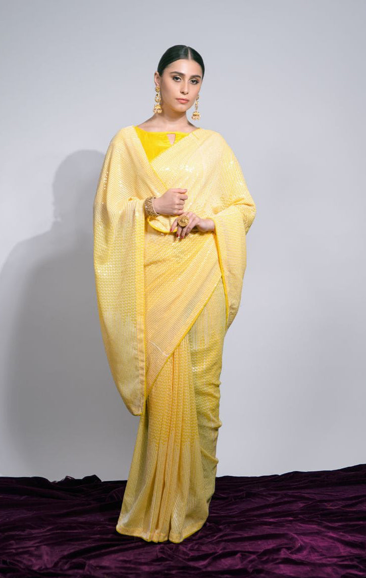 Yellow Saree With Fancy Embroidery Sequins Work