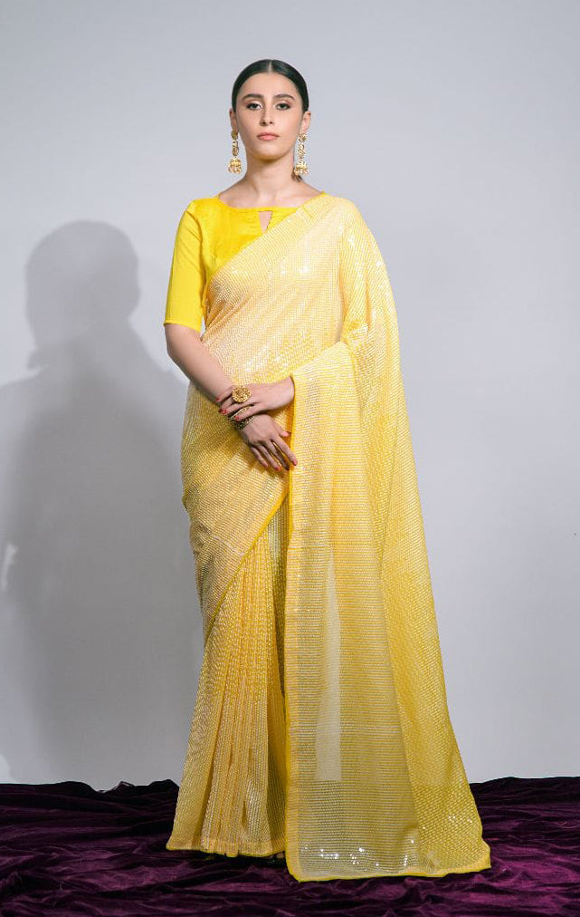 Yellow Saree With Fancy Embroidery Sequins Work