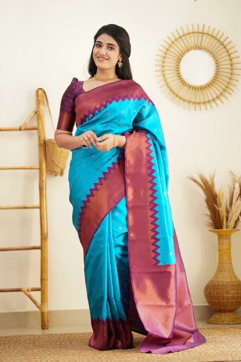 Firozi Blue Silk Saree With Jacquard Work