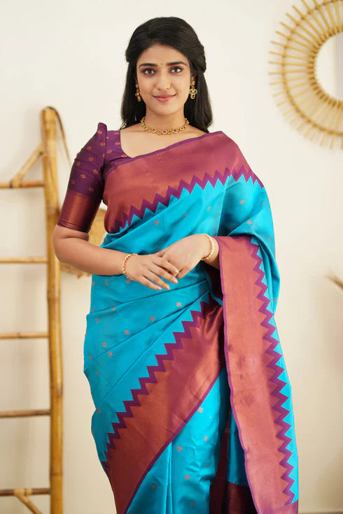 Firozi Blue Silk Saree With Jacquard Work