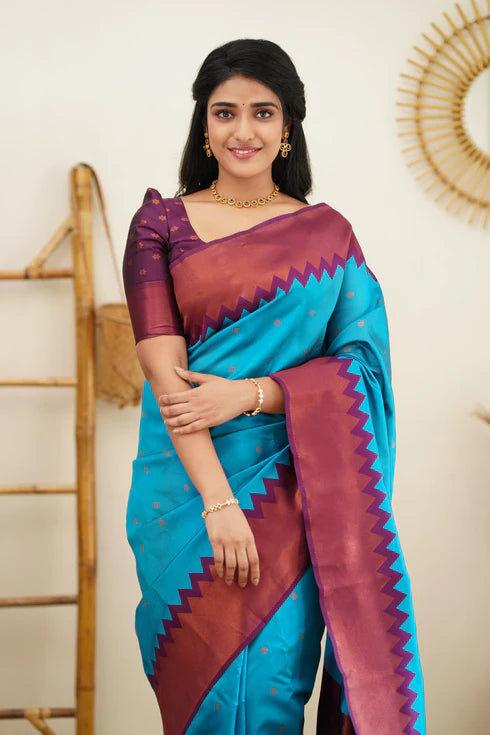 Firozi Blue Silk Saree With Jacquard Work