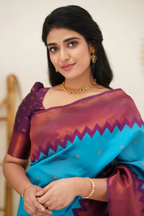 Firozi Blue Silk Saree With Jacquard Work