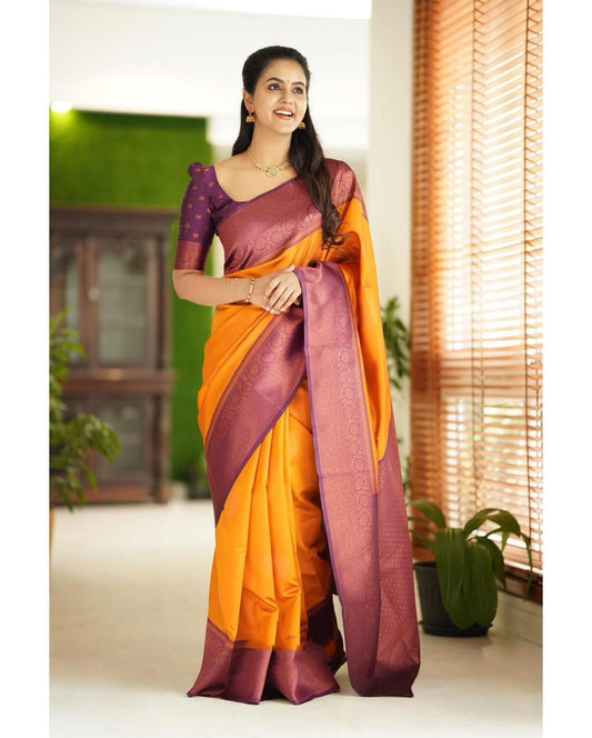 Gold Yellow Kanjivaram Silk Saree With Jacquard Work