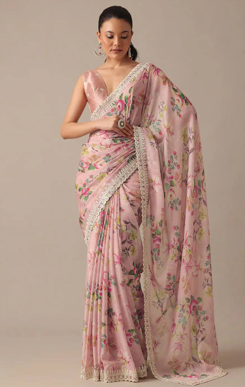 Pink Saree With Digital Prints Embroidery Codding & Sequins Work