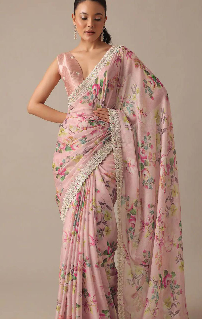 Pink Saree With Digital Prints Embroidery Codding & Sequins Work