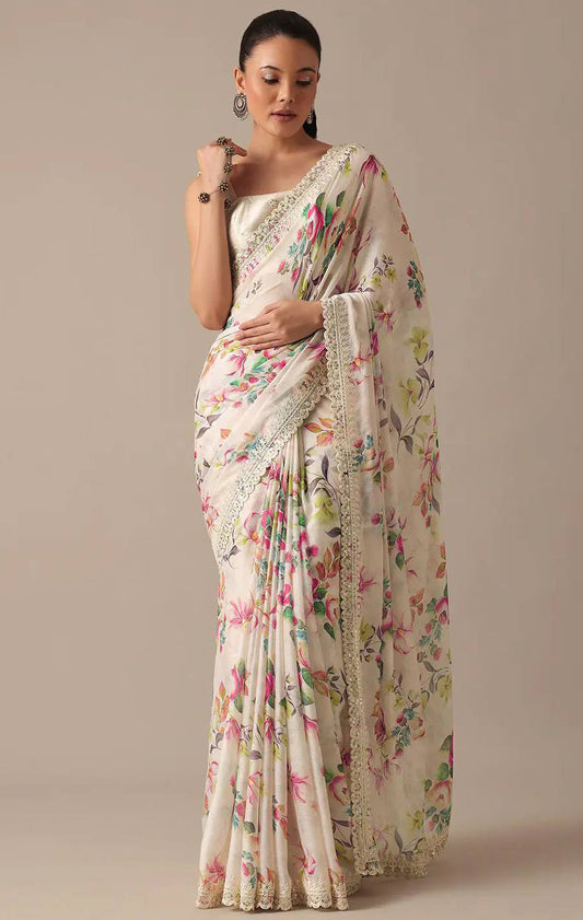 Whie  Saree With Digital Prints Embroidery Codding & Sequins Work