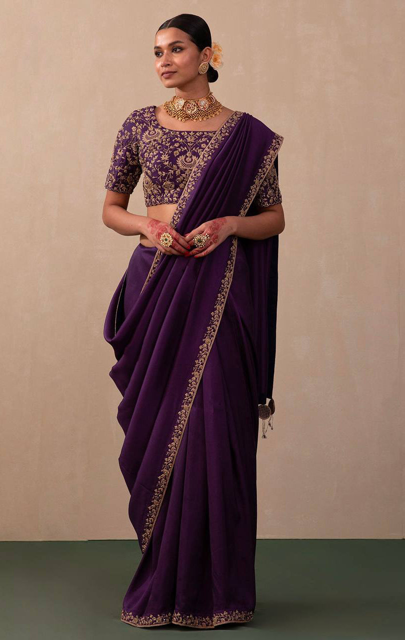 Dark Violet Saree With Heavy Embroidery Coding & Sequins Work