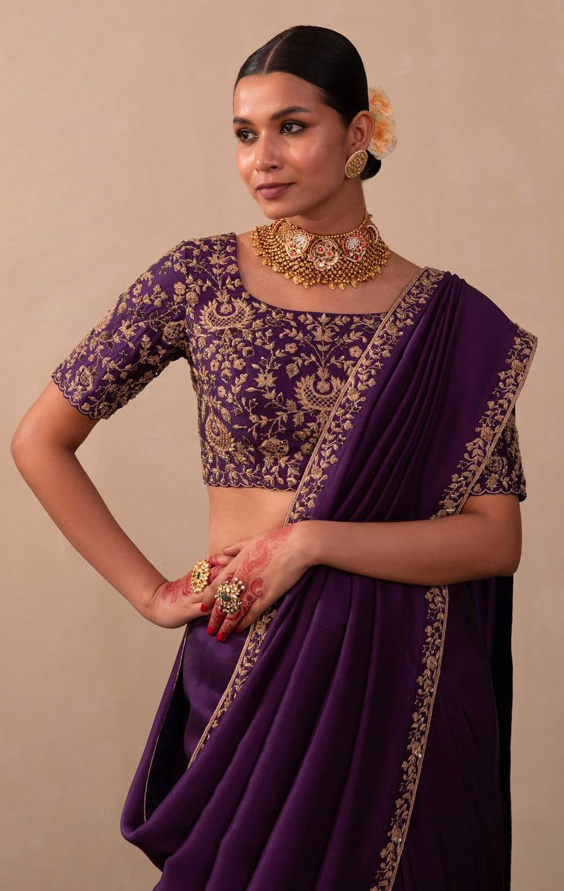 Dark Violet Saree With Heavy Embroidery Coding & Sequins Work