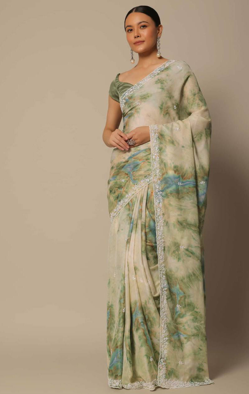 White Saree With Digital Prints & Embroidery Codding & Sequins Work