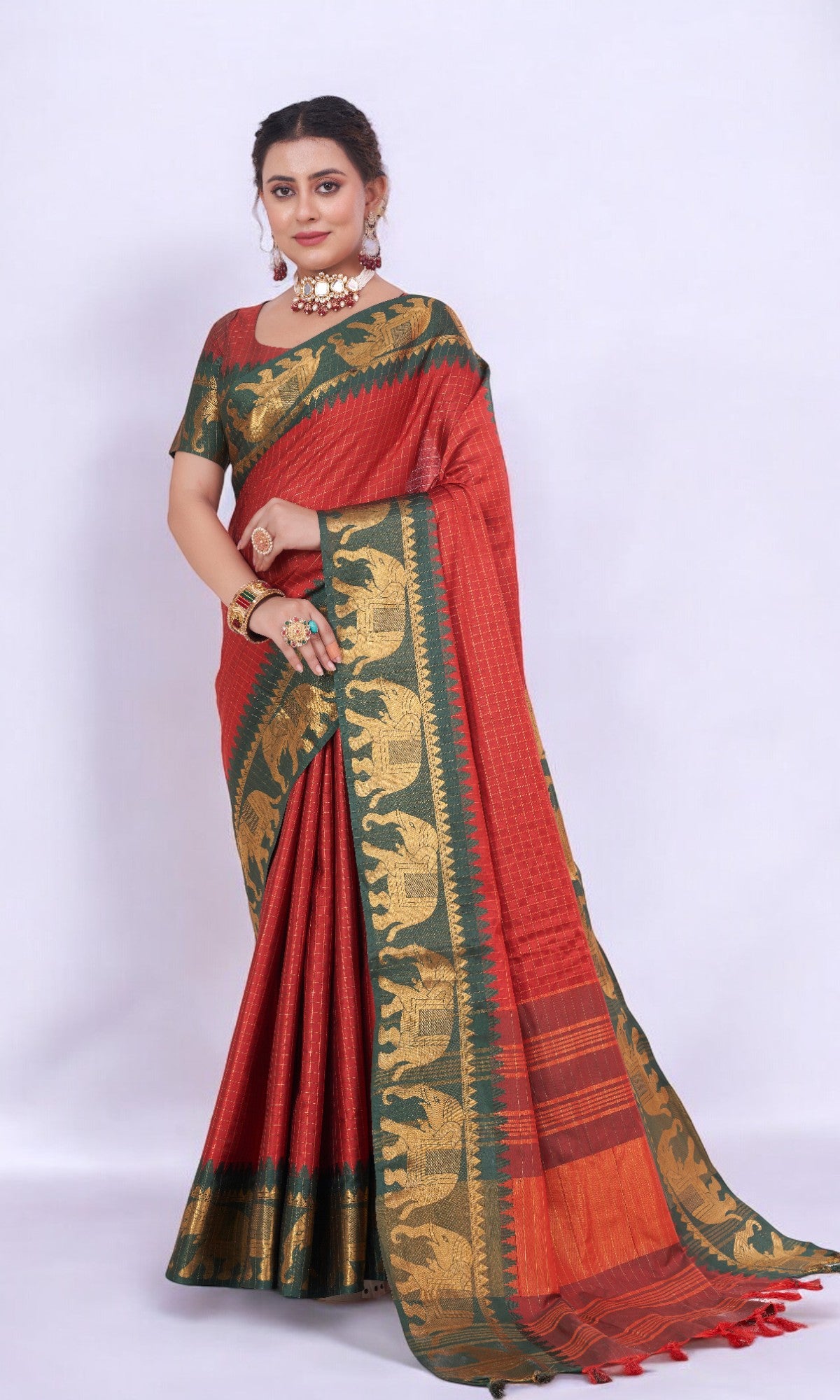 Rust Orange Silk Saree Embellished With Elephant Jari Work