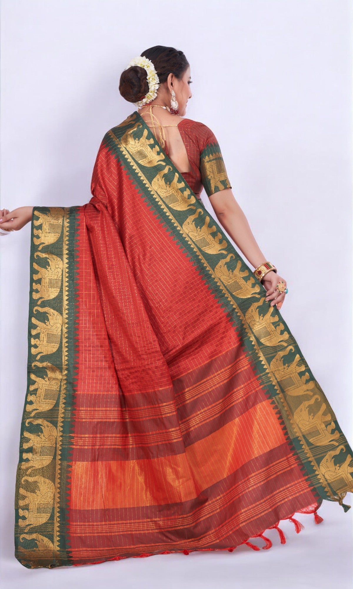 Rust Orange Silk Saree Embellished With Elephant Jari Work