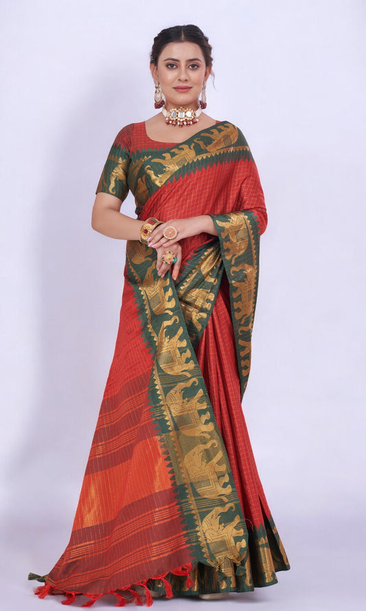 Rust Orange Silk Saree Embellished With Elephant Jari Work