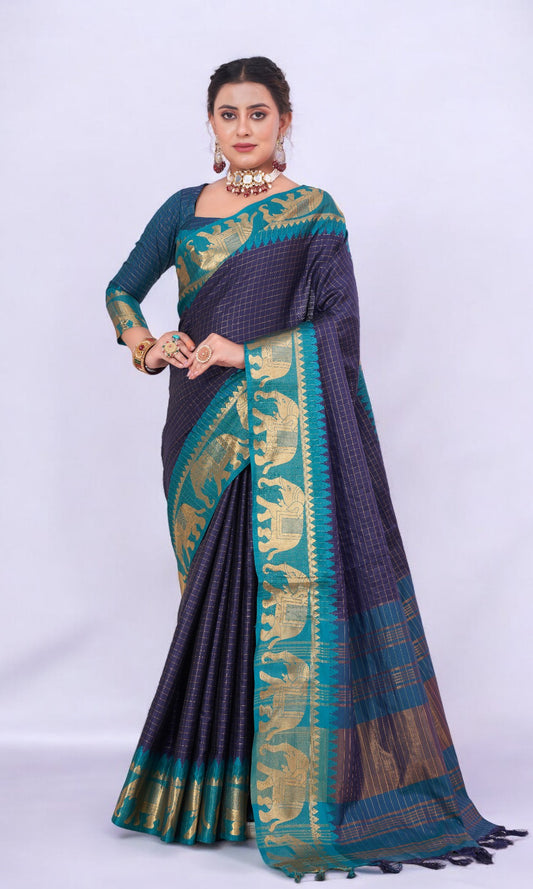 Dark Blue Silk Saree Embellished With Elephant Jari Work