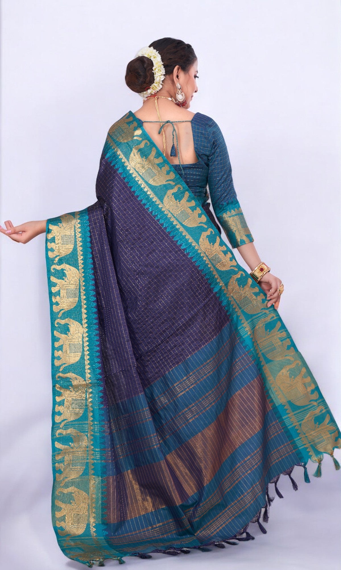 Dark Blue Silk Saree Embellished With Elephant Jari Work