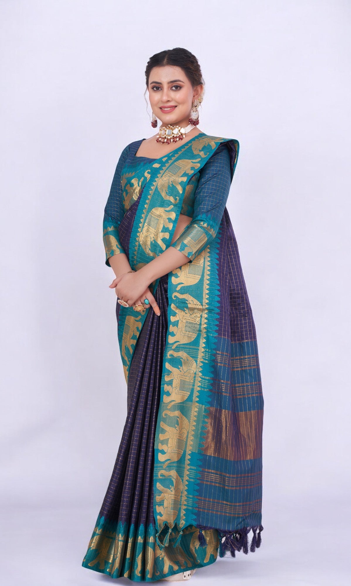 Dark Blue Silk Saree Embellished With Elephant Jari Work