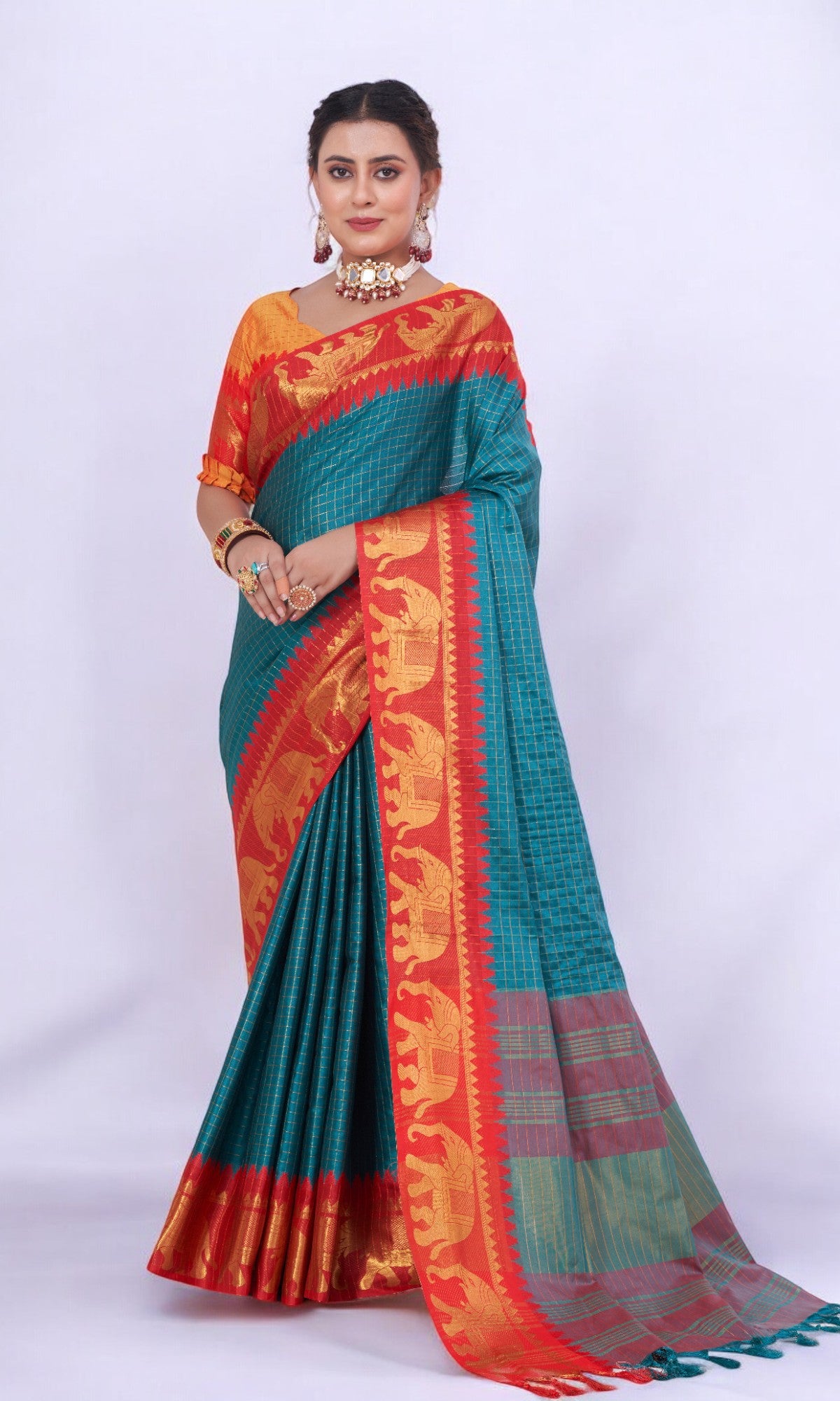 Teal Blue Silk Saree Embellished With Elephant Jari Work