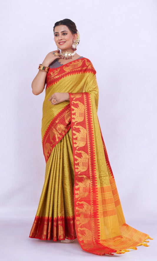 Sun Yellow Silk Saree Embellished With Elephant Jari Work