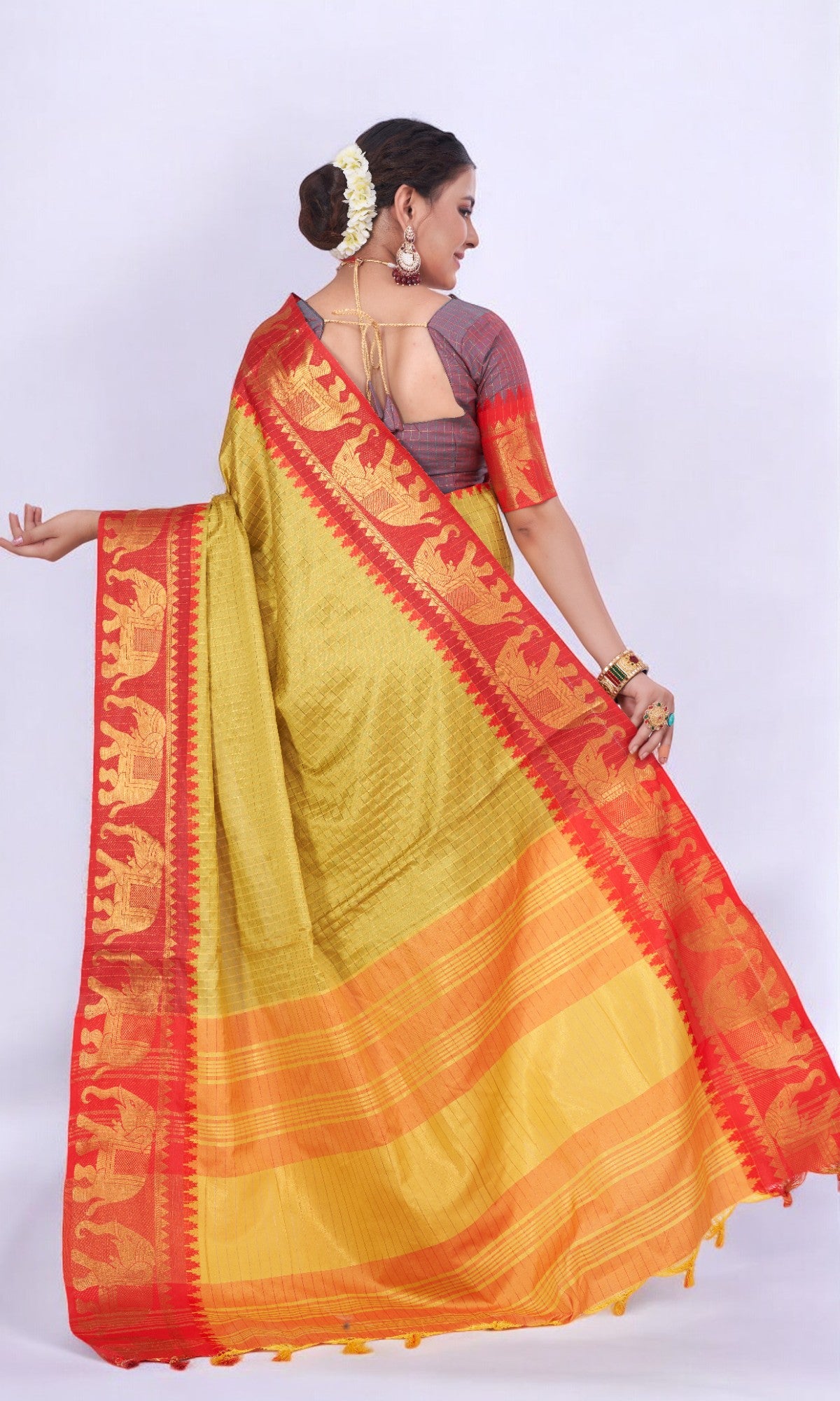 Sun Yellow Silk Saree Embellished With Elephant Jari Work