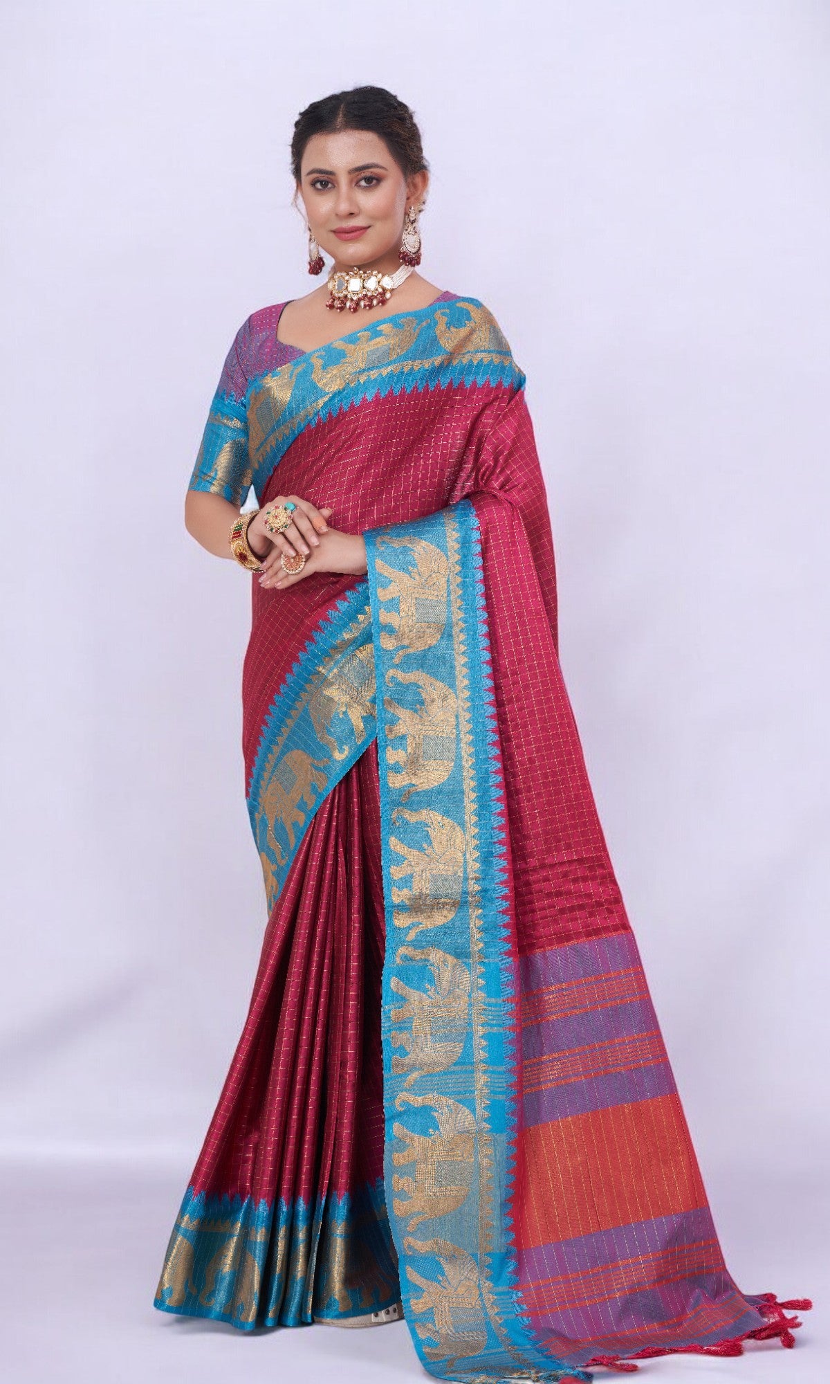 Auburn Red Silk Saree Embellished With Elephant Jari Work