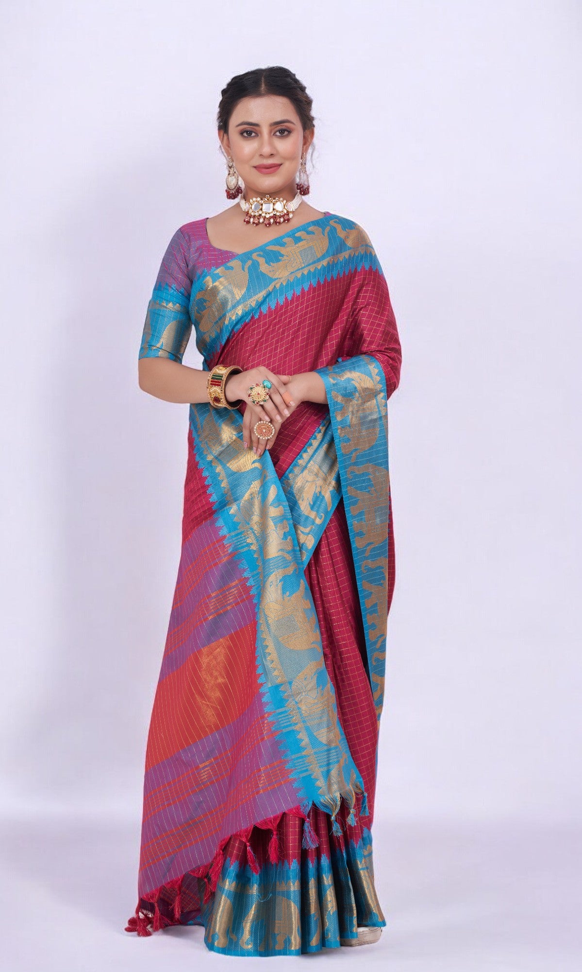 Auburn Red Silk Saree Embellished With Elephant Jari Work