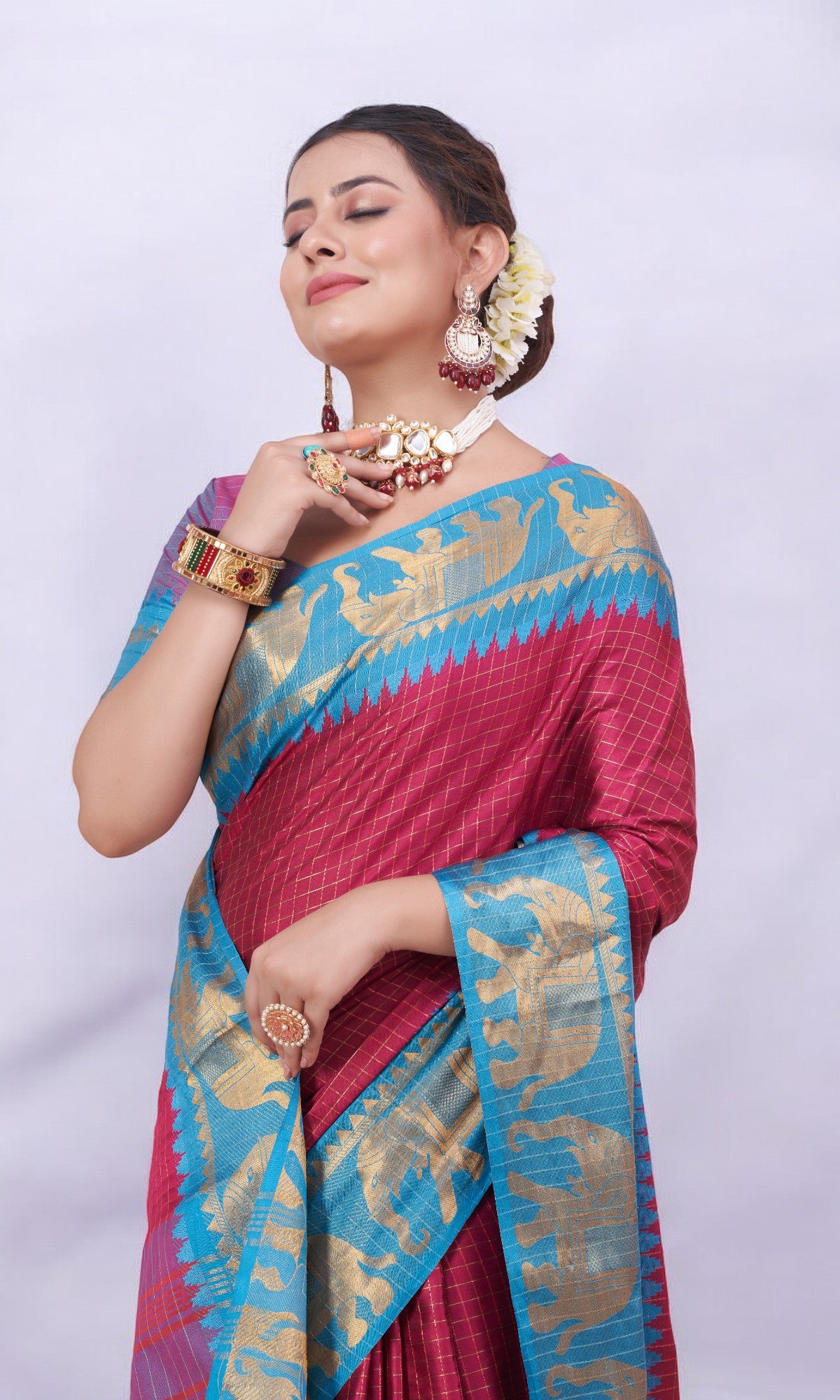 Auburn Red Silk Saree Embellished With Elephant Jari Work