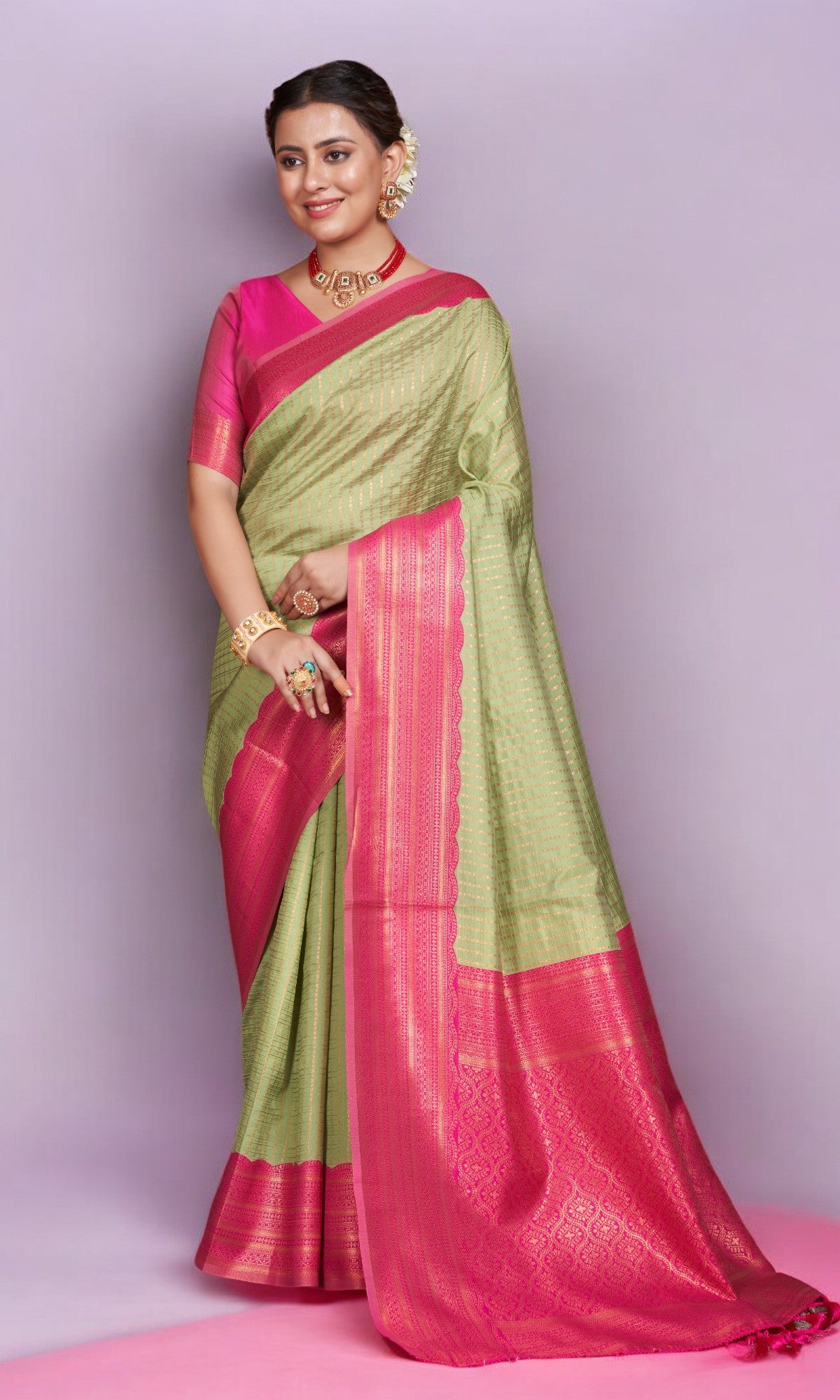 Pear Green Silk Saree With Vibrant Jacquard Border