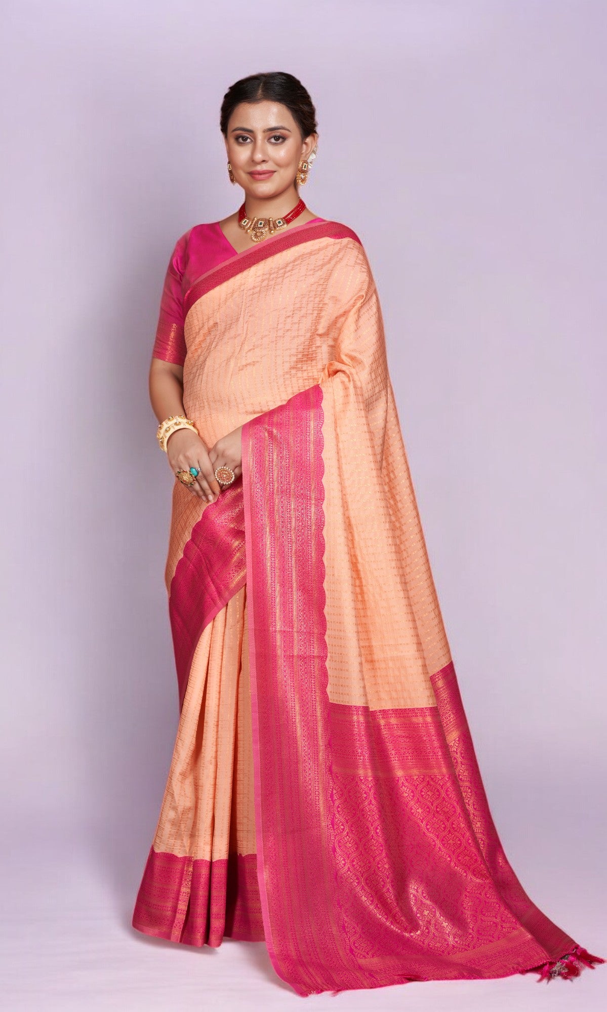 Pink Orange Silk Saree With Vibrant Jacquard Border