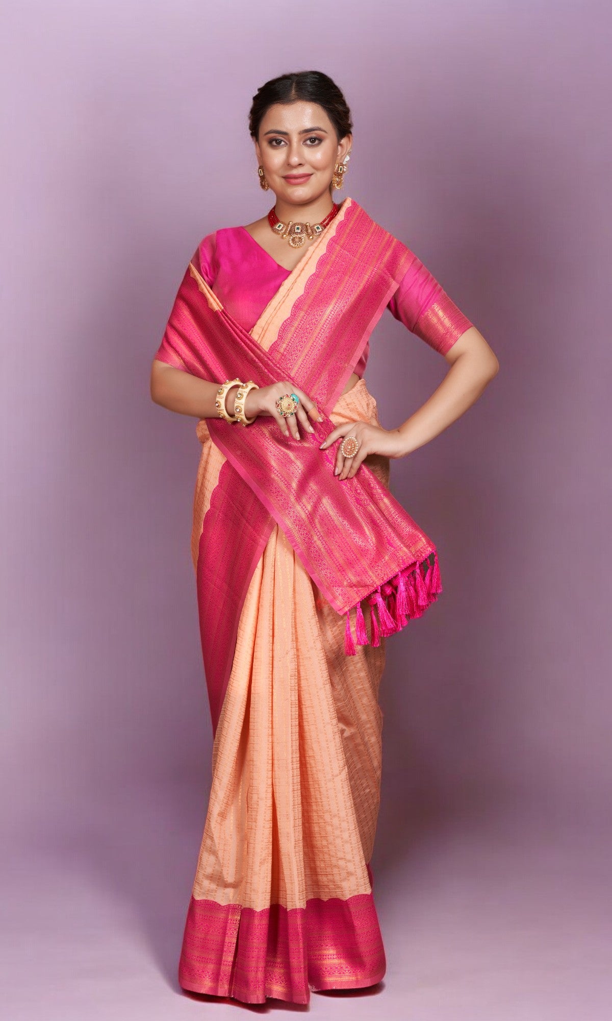 Pink Orange Silk Saree With Vibrant Jacquard Border