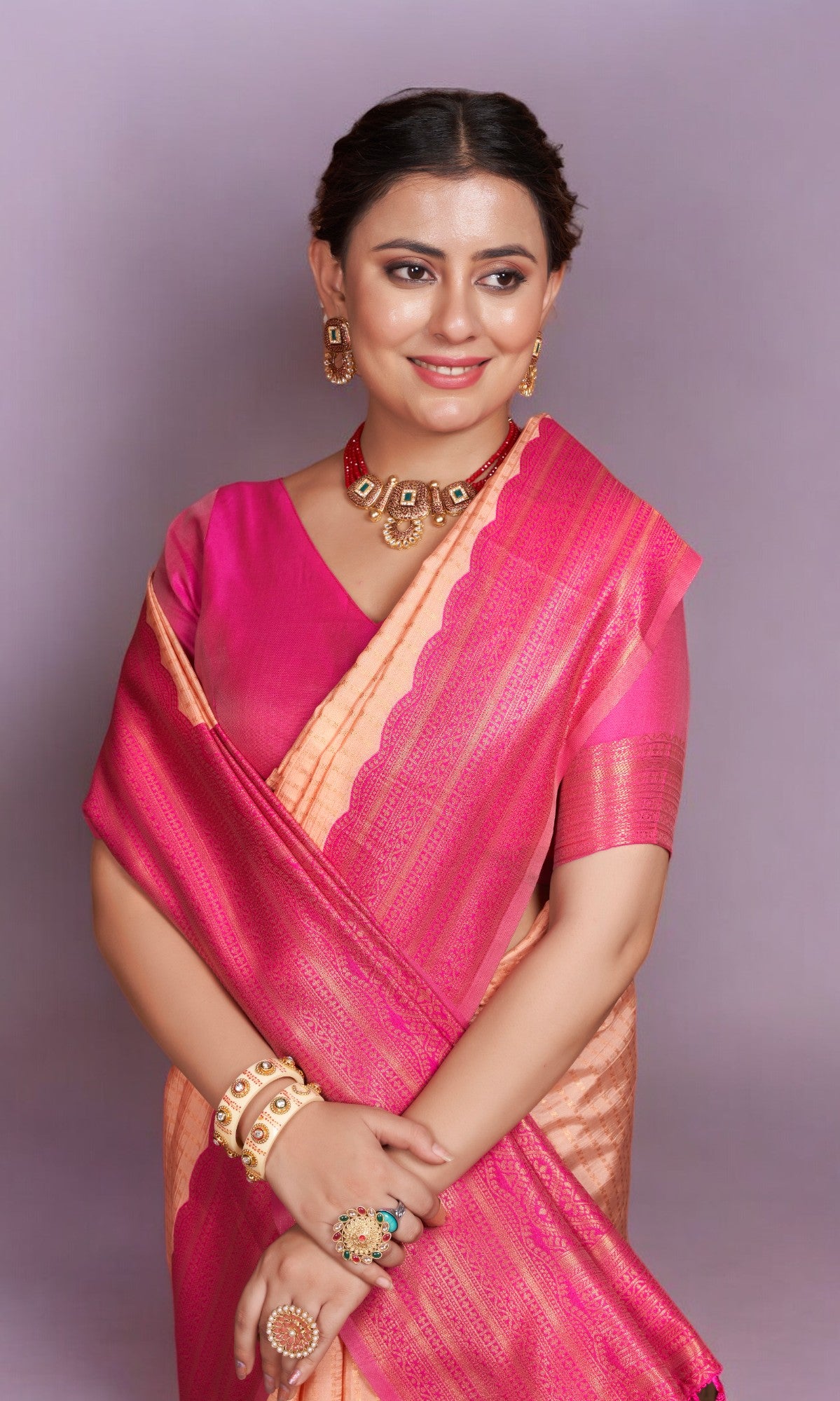 Pink Orange Silk Saree With Vibrant Jacquard Border