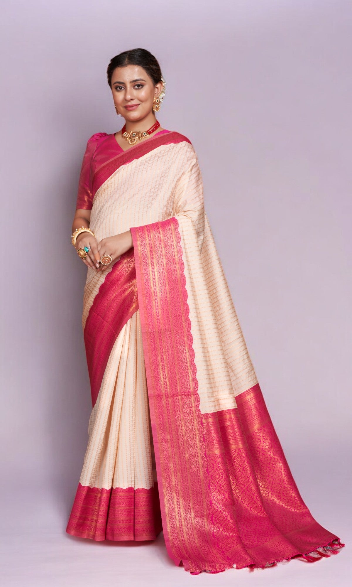 Beige Silk Saree With Vibrant Jacquard Border