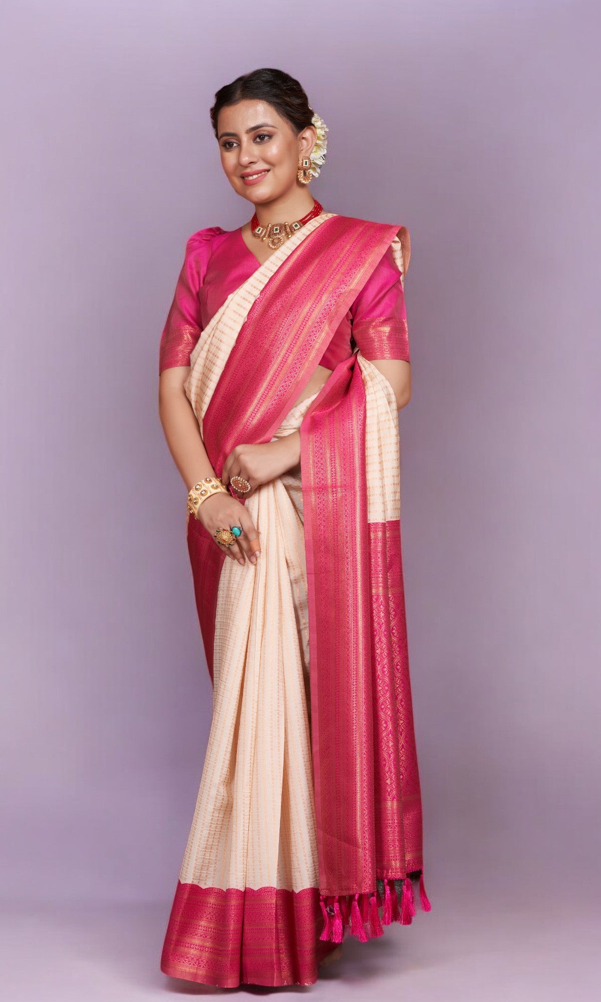 Beige Silk Saree With Vibrant Jacquard Border