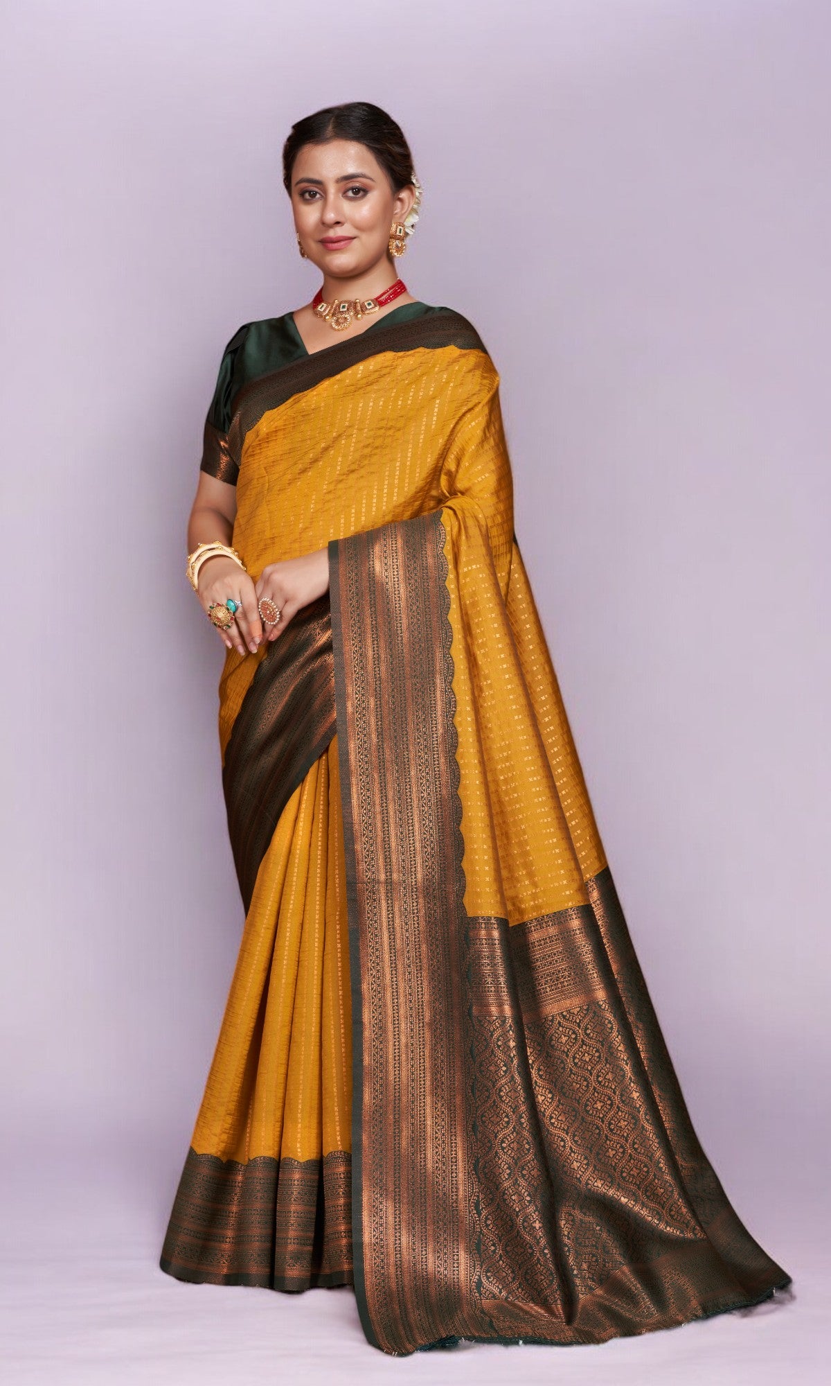 Gold Yellow Saree With Vibrant Jacquard Border