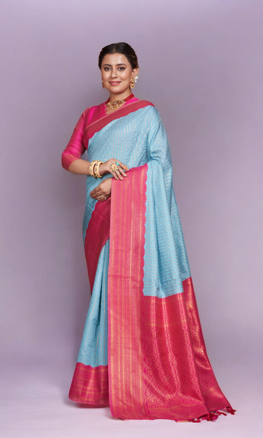 Arctic Blue Saree With Vibrant Jacquard Border