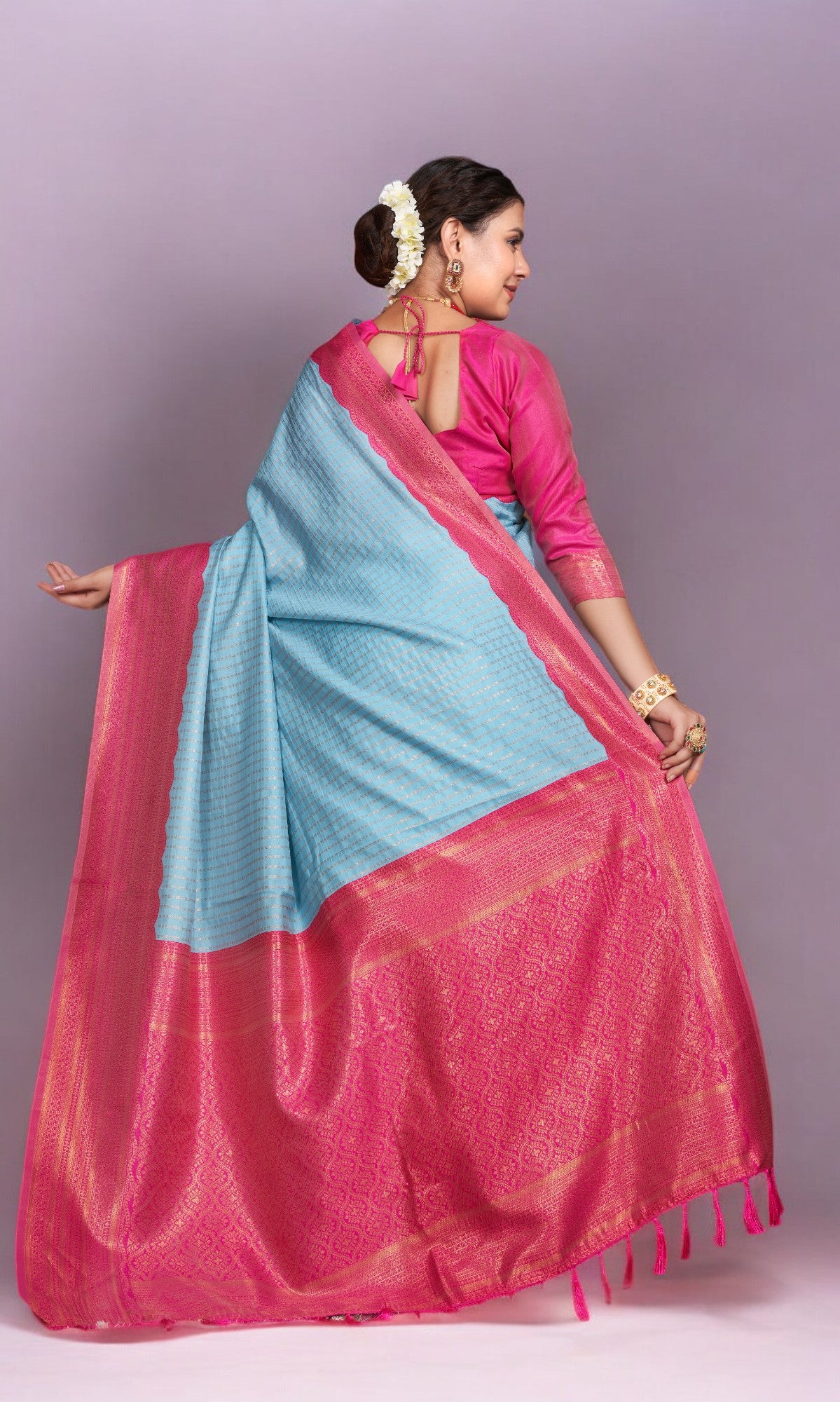 Arctic Blue Saree With Vibrant Jacquard Border