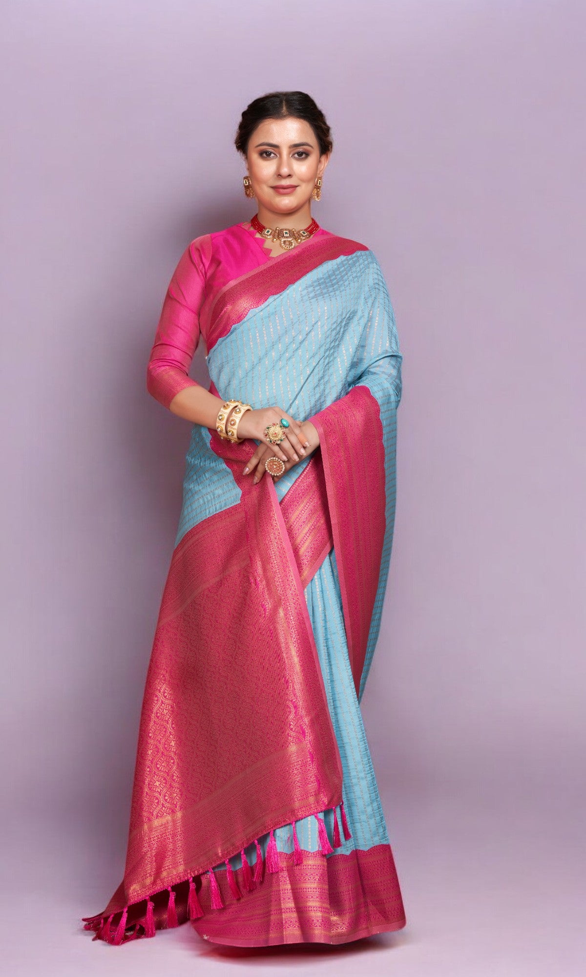 Arctic Blue Saree With Vibrant Jacquard Border