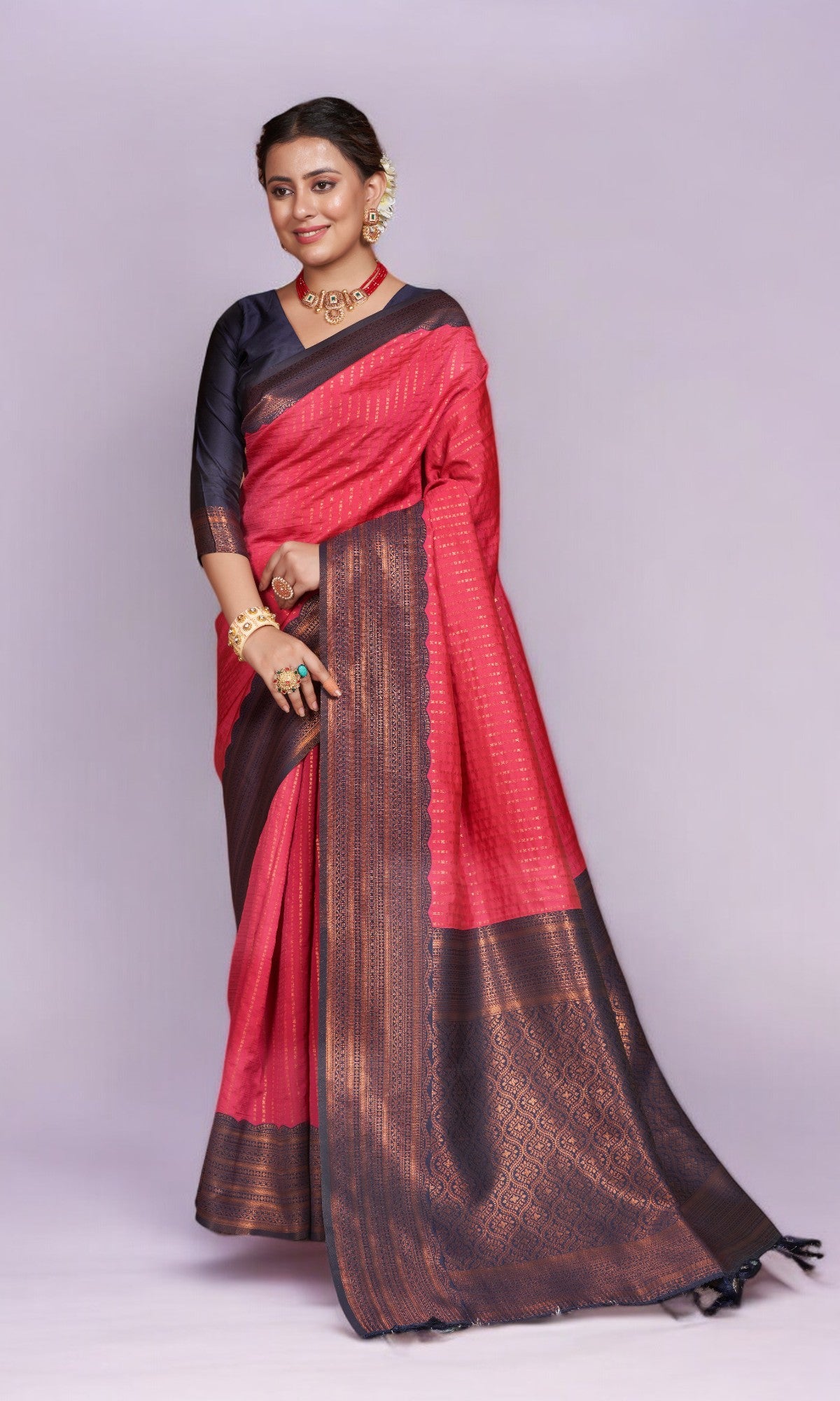 Rose Red Silk Saree With Vibrant Jacquard Border