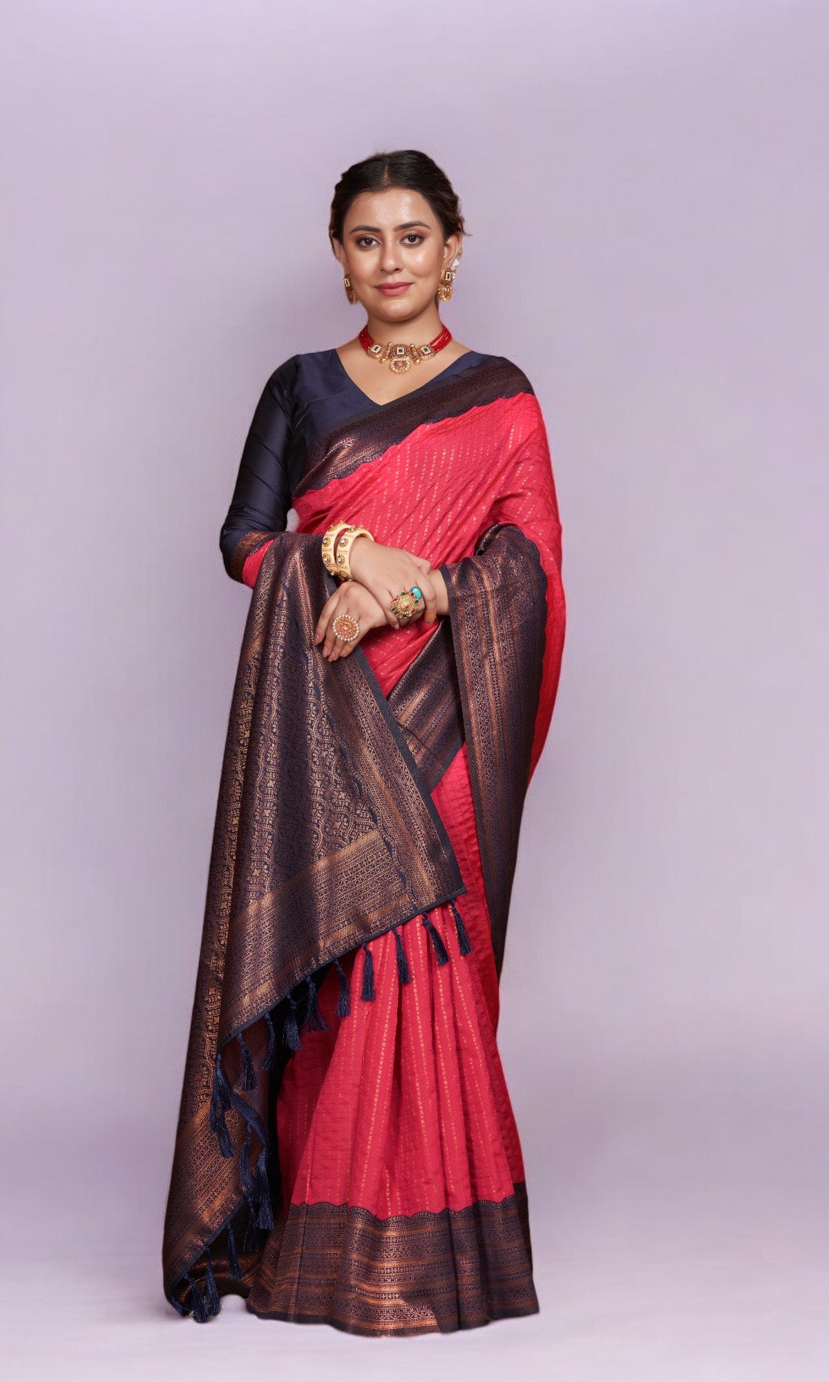 Rose Red Silk Saree With Vibrant Jacquard Border