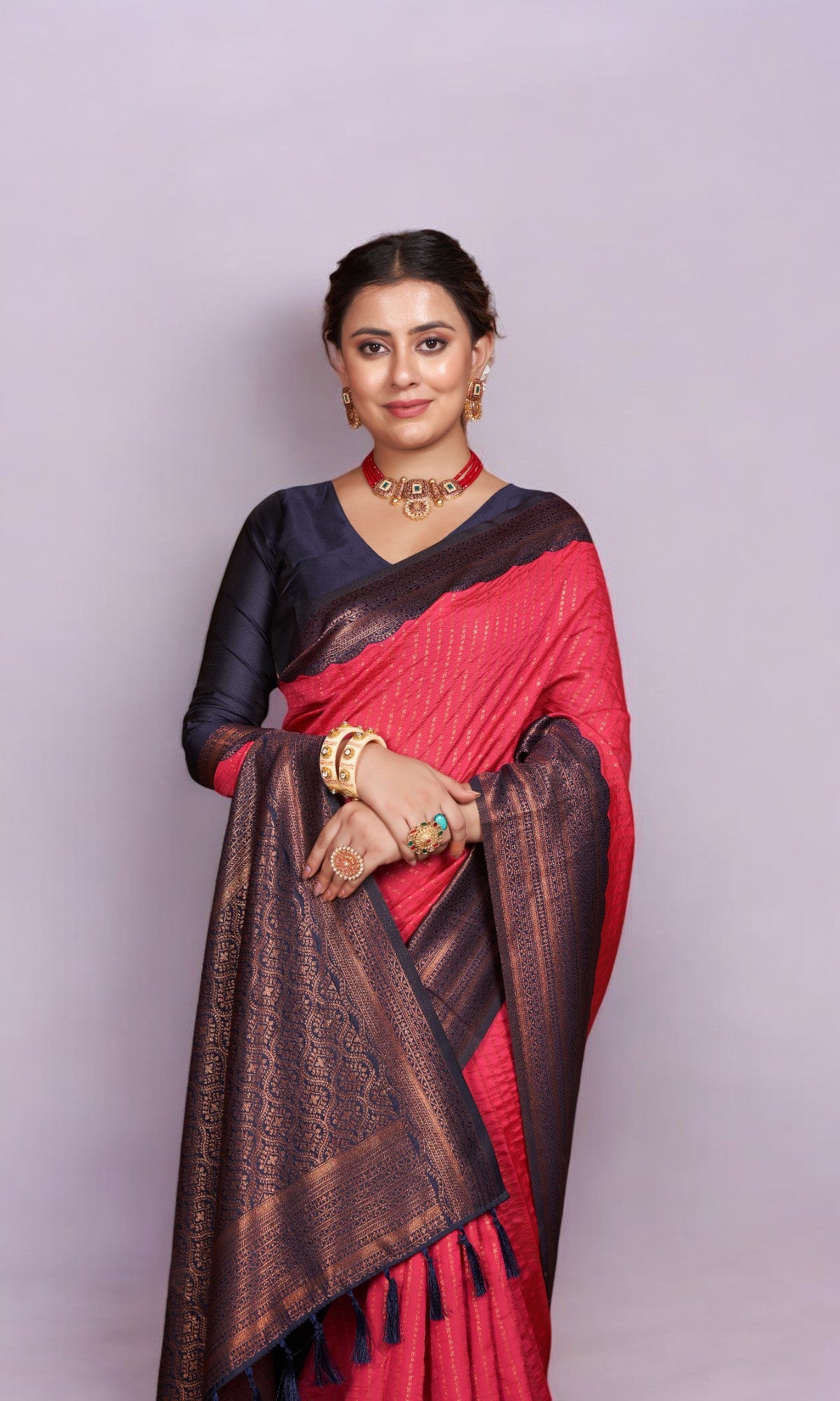 Rose Red Silk Saree With Vibrant Jacquard Border