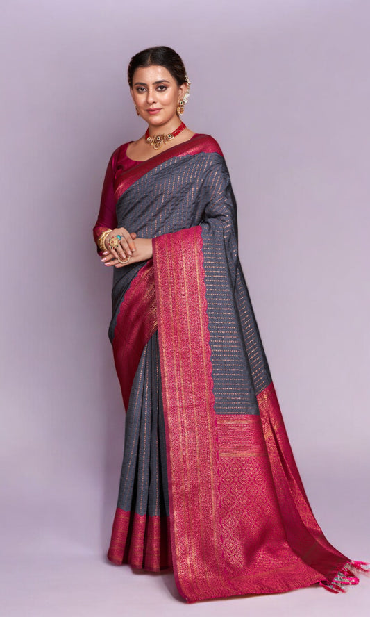 Pebble Grey Silk Saree With Vibrant Jacquard Border