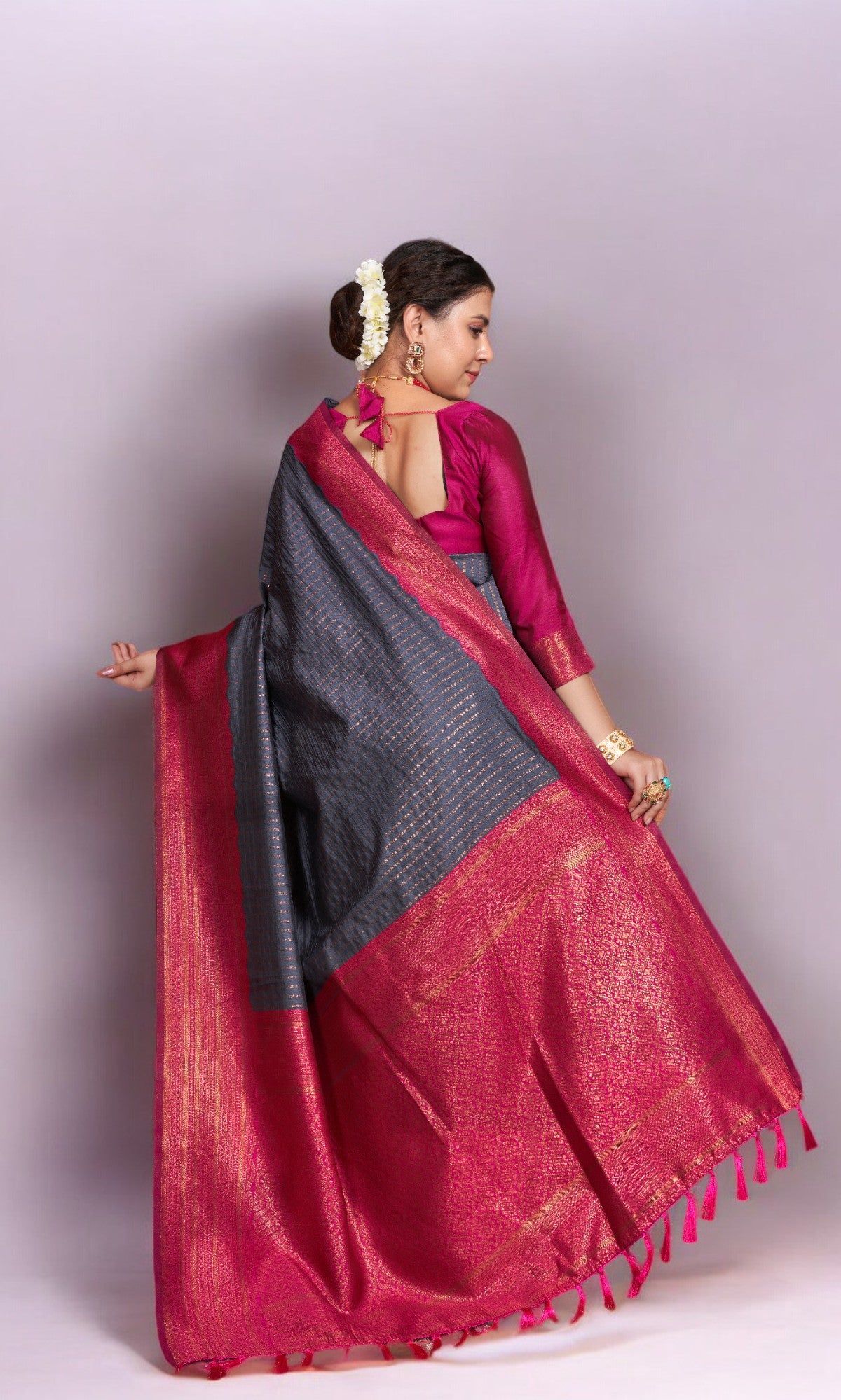 Pebble Grey Silk Saree With Vibrant Jacquard Border