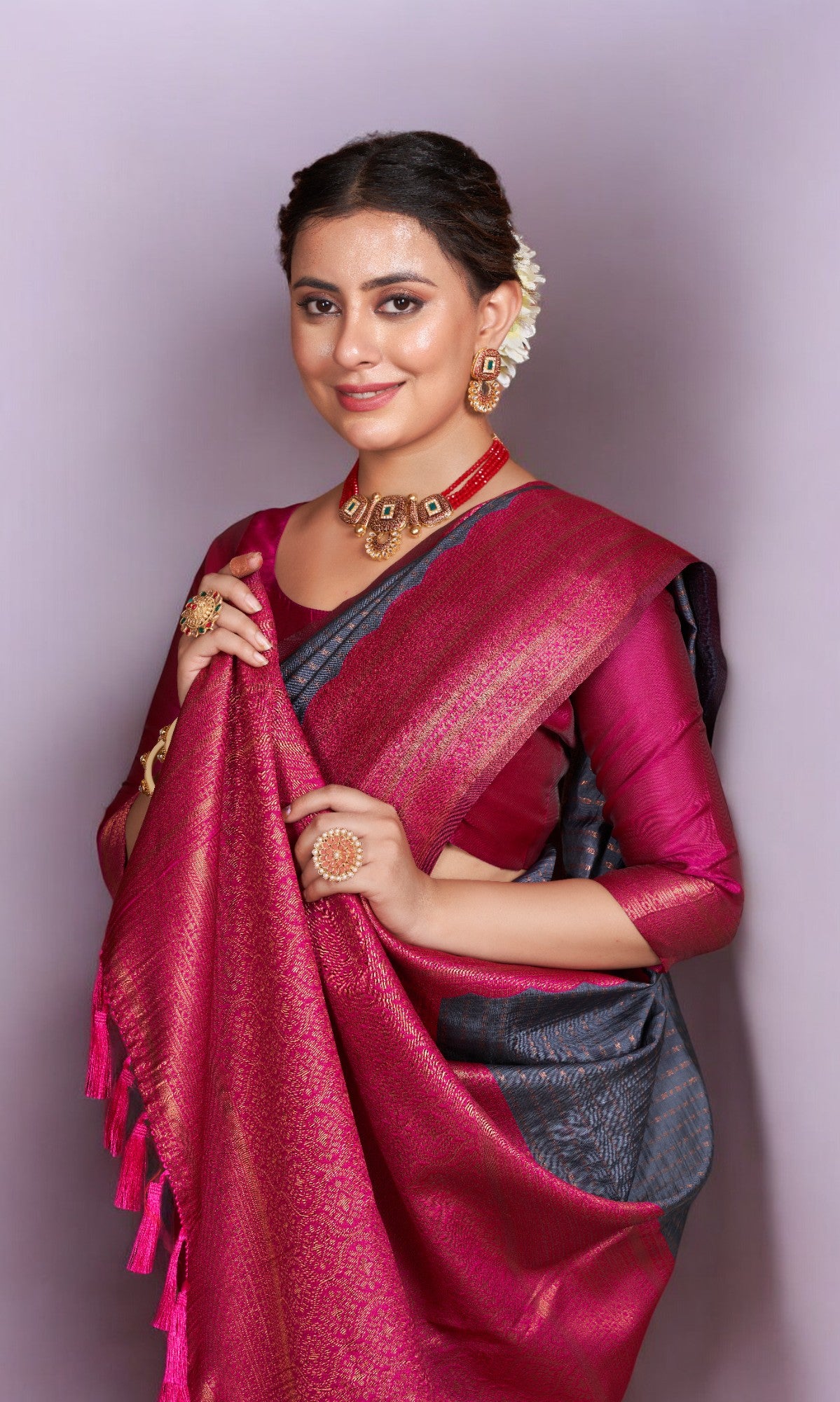 Pebble Grey Silk Saree With Vibrant Jacquard Border