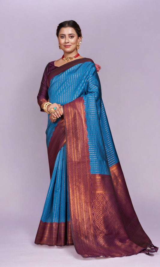 Blue Silk Saree With Vibrant Jacquard Border